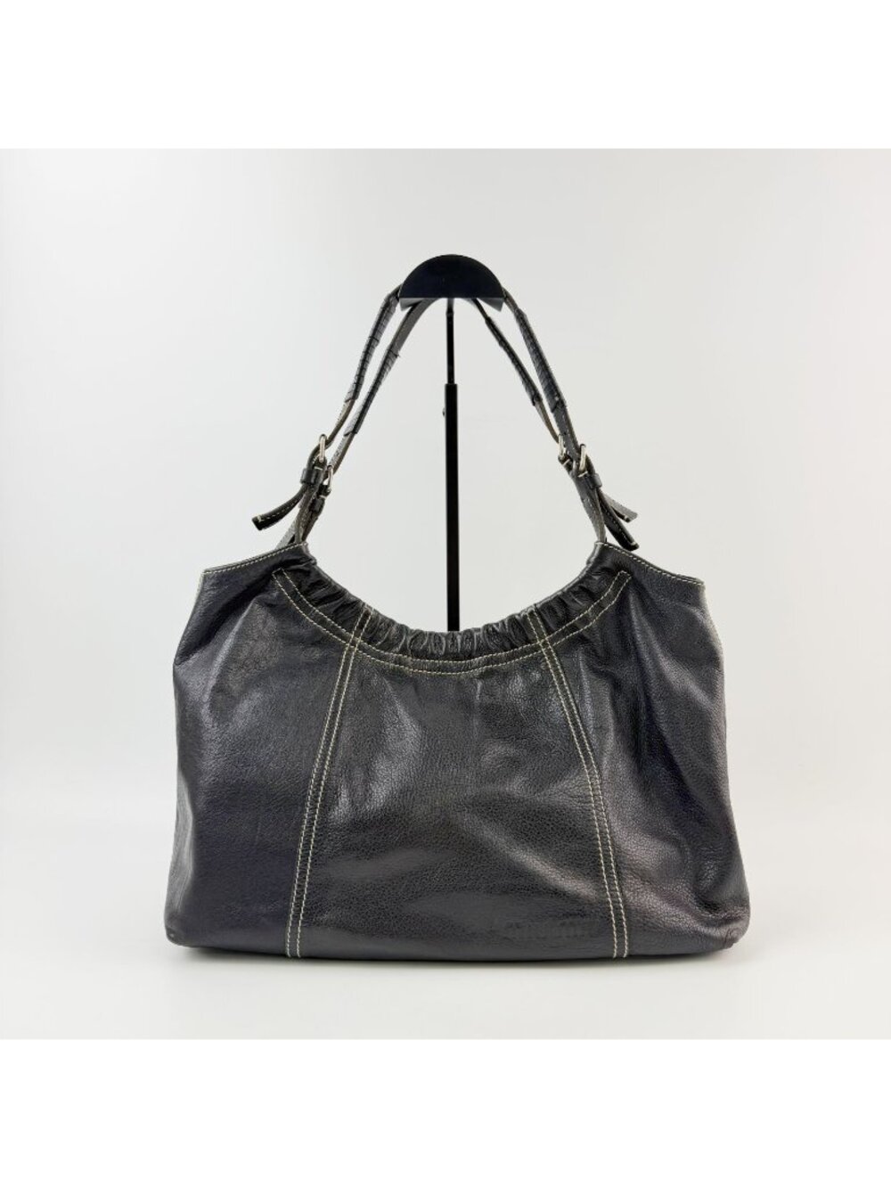 Miu Miu Gathered Contrast Stitch Tote Shoulder Bag Leather Black Silver Vintage
